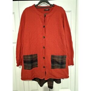 LA-EL Couture Large Orange Textured Knit Button Down Cardigan w/ Plaid Pockets